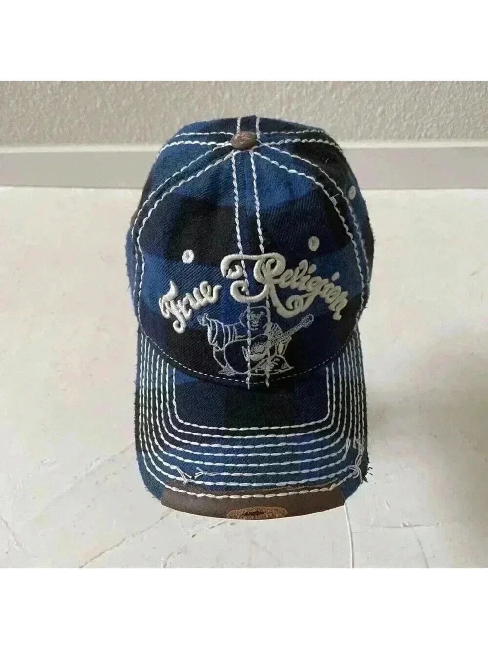 Vintage TRUE RELIGION Hat Distressed Blue Plaid Buddha Baseball Trucker RARE